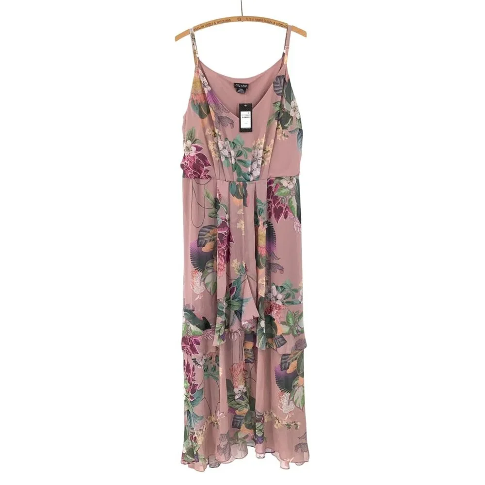 City Chic Pink Heartwine Floral Maxi Dress Size 18 Spaghetti Straps Ruffle - Picture 7 of 10